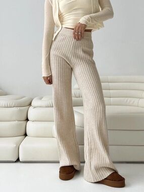 NWT Princess Polly Montana Knit Pants Cream Pull On Wide Leg Flare Size 0